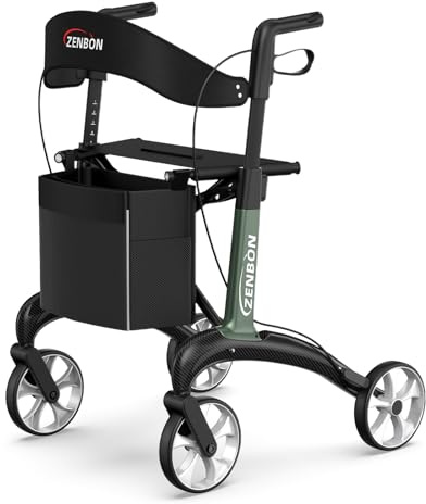 Carbon Rollator Schmal für Wohnung: Rollator Faltbar und Leicht mit Sitz Wohnungsrollator Faltbarer für Senioren - Indoor Leicht Klappbar Rollatoren (Grün)