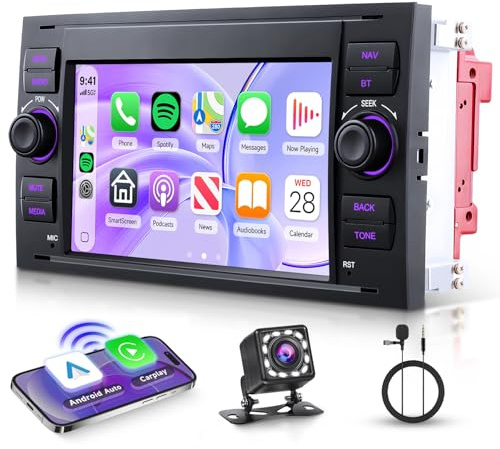 VECHTEL Radio de Coche para Ford Focus Fiesta C/S-MAX Transit Galaxy Mondeo Connect Kuga, 7 Pulgada IPS Pantalla Táctil Autoradio con Carplay Android Auto Inalámbrico Bluetooth Radio FM/Am/RDS Cámara