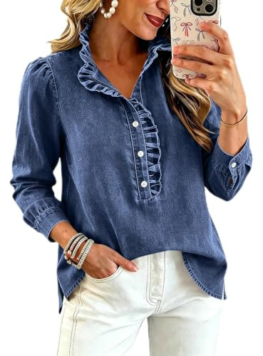 Chambray Tencel-skjorta för kvinnor: krage, flikar och lyktärmar med volanger