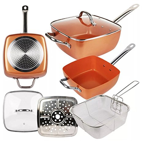 Royal Cuisine 5-teiliges Antihaft-24,1 cm Große Tief-seitige Eckpfanne, Frittierkorb, Dampfgarer Rack, Deckel aus gehärtetem Glas, Kasserolle Pfanne 24,1 cm Rezeptbuch – PFOA PTFE-frei