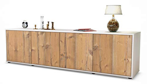 Stil.Zeit TV Schrank Lowboard Antonia, Korpus Weiss matt, Front Holz-Design Pinie (180x49x35cm), mit Push-to-Open Technik