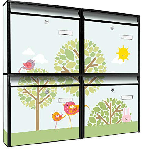 banjado Briefkastenanlage 4 Fach - Postkästen groß - verzinkter Stahl schwarz DIN A4 Motiv DREI Bäume - Briefkasten Set 4 Briefkästen Namensschild, 2 Schlüssel, Montagematerial