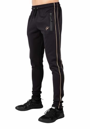 Gorilla Wear Wenden Track Pants - schwarz/Gold - Jogginghose Jogger aus Polyester Elasthan mit Logo zum Sport Alltag Freizeit Training Workout Enge Passform starker Halt Reißverschluss, 4XL