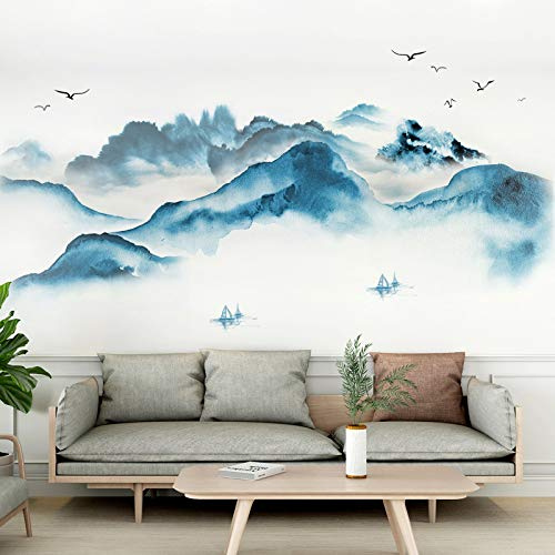 COVPAW® Wandtattoo Wandaufkleber XXL Landschaft Berg Chinesische Malerei Gemälde Wandsticker Wandbild Bilder Wohnzimmer Schlafzimmer Deco