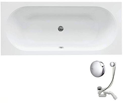 VBChome Badewanne 160 x 75 cm Siphon Acrylwanne Wanne Rechteck Weiß Design Modern Wannenfüßen Ablaufgarnitur Chrome