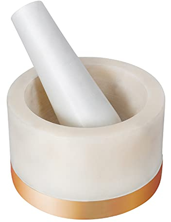 Divit Shilp Mortar and Pestle, Made of Heavy Duty Polished Hard Stone, Natural Stone Grinder For Spices, Pastes, Herbs, Seasoning etc. (Marble with Brass Base)
