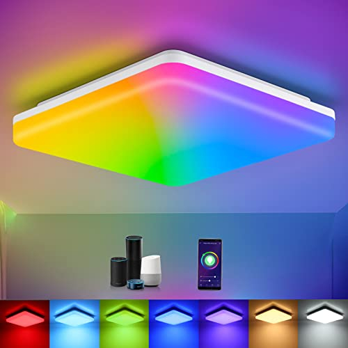 LED Deckenleuchte Alexa, Smart Deckenlampe Dimmbar RGB, 18W 1800LM WIFI Lampe, IP54 Wohnzimmerlampe Schlafzimmerlampe Kinderzimmerlampe, kompatibel mit Alexa App Google Home, 2700K-6500K, 22 * 22cm