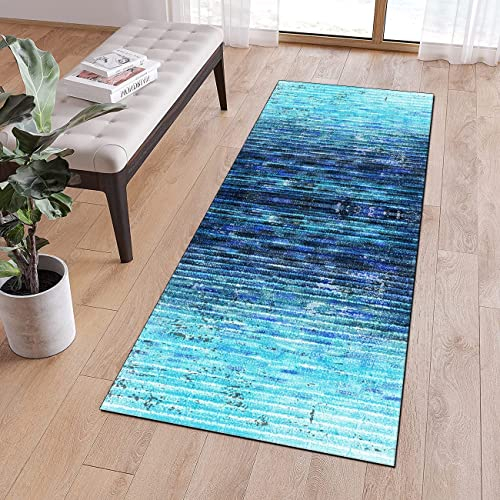 QQrunner Läufer Lang Flur rutschfest Teppich Küche 70x140cm Gestreift Blau Teppichläufer Waschbar Meterware Lang Küchenteppich Schlafzimmer Korridor, Anpassbare Größe, 40-120cm Breit