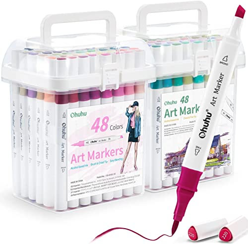 Ohuhu Markers Brush Tip, 96 Colours Brush & Chisel Double Tipped Alcohol Markers for Artist Adult Students Colouring Drawing Sketching Illustration Landscape - w/Marker Storage Box