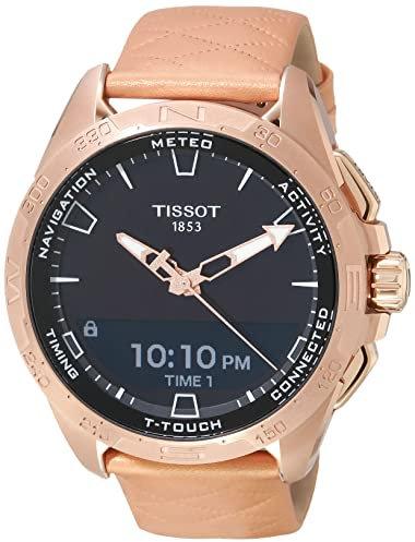 TISSOT Men's T-Touch Connect Solar Stainless Steel Quartz Watch with Leather Strap, Rose Gold, 23 (Model: T1214204605100), Rose Gold, Quartz Watch