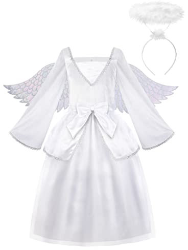 ReliBeauty Déguisement Ange Costume Angel avec Aile et Auréole d'ange Serre-Tête pour Fille Halloween carnaval,130