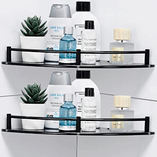 Halyuhn Bathroom Corner Shower Caddy, 9.5 Tempered Glass Bathroom Shelves for Wall Mounted, 2 Tier Glass Shower Caddy Organizer and Storage, Clear Corner Shelf wtih Black Rustproof Rail