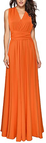 Vestido de Navidad sexy para mujer, cuello en V, espalda descubierta, plisado, sin mangas, hombros descubiertos, vestido de noche, vestido de cóctel largo, graduación, dama de honor, naranja, M