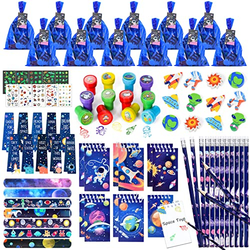 vamei 120Stk Weltraum Mitgebsel Kindergeburstag Gastgeschenke Kinder Notizbuch Stifte Radiergummi Lesezeichen Stempel Schnapparmband Tattoos Geschenktüten Weltraum Party Give Aways Schreibwaren Set