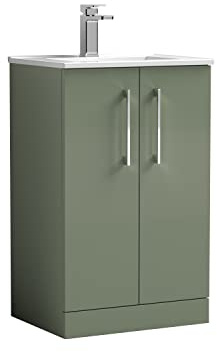 nuie ARN801B Arno Modern Bathroom Floor Standing 2 Door Vanity Unit with Minimalist Ceramic Basin, 500mm, Satin Green