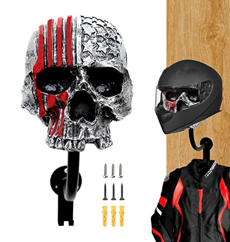 Skull Helmet Holder Motorcycle Rack, Red Wall Mount With 2 Hooks for Coats, Caps, Baseballs and Rugby Helmets