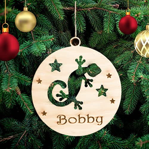 Personalisierte Eidechse Weihnachtsbaum Dekoration mit Hund Name Chihuahua, Holz Baum Ornament, Graviert Haustier Name Weihnachtskugel Geschenkkarte Einsatz für Familie und Freunde