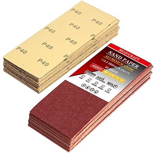 Mojucraft 50 Blatt Schleifpapier, Schleifpapier Holz 40/80/120/220 Körnungen Schleifpapier Set für Holz Metall 93 x 230 mm Mehrzweck-Schleifpapier Blätter geschnitten für den Einsatz auf Handschleifer