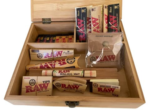 Smokers Store RAW Gift Set in SPARKYS XL Wooden Rolling Stash Box - Papers - Tips - Mat - Cone