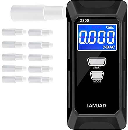 Wooauto Tragbarer Alkoholtester, Alkoholtester Polizeigenau mit 10 Mundstücken Semiconductor Sensor Alkoholmessgerät Alkoholtester mit LCD-Display Promilletester Polizei Atemalkoholtester,Schwarz