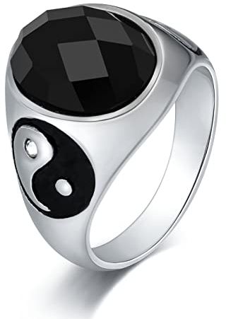Whoiy Yin Yang Ring, Titanringe Herren 18mm Edelstahl Punk Ring Silber Zirkonia Ringgröße 60 (19.1) Gravierbar