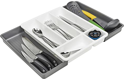 URBNLIVING Tiroir de cuisine extensible en plastique avec 7 compartiments pour ranger les couverts, gain de place, gris