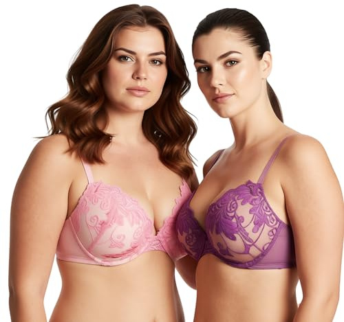 Curve Muse Women Plus Size Push Up Add 1 and a Half Cup Underwire Lace Mesh Bra-2PK-Pink,Grape-44C (EU:100C)