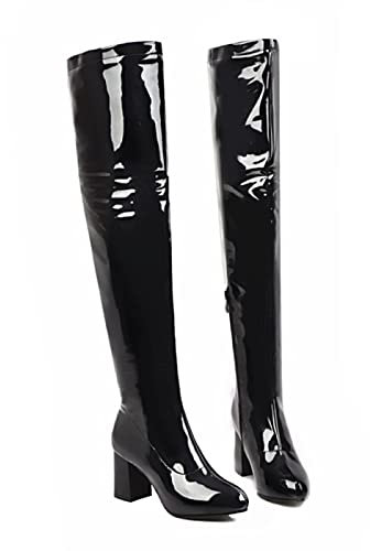 Stivali Alti al Ginocchio da Donna 7CM Tacco Medio Tacco Grosso Punta A Punta Cerniera Laterale in Vernice Stivali sopra Il Ginocchio Stivali da Pole Dance,Nero,47 EU