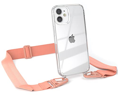 EAZY CASE - Hülle mit Band kompatibel mit iPhone 12 Mini Handyhülle mit Umhängeband Silikonhülle Transparent Schutzhülle Handykette zum Umhängen Handykordel Smartphone in Korall - Clips Korall