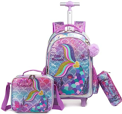 HTgroce Meerjungfrauen Kinder Trolley Rucksack Schulranzen mit Rollen Rolling Schultasche für Mädchen Schüler Kindergepäck Reisegepäck Kindertrolley Reisekoffer Schulranzen Trolley Mädchen