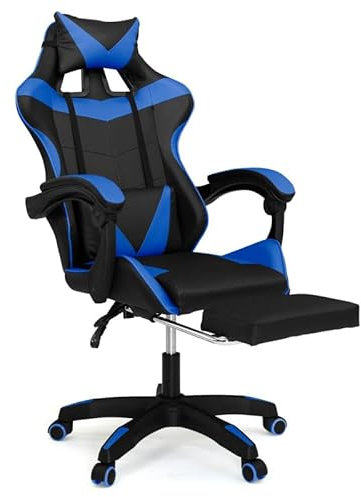 IDMarket Alex - Sillón de juego ajustable con reposapiés, cojín de cabeza y cojín Lumbar, color negro y azul
