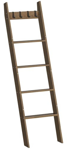 HOOBRO Blanket Ladder for Living Room and Bedroom, 5-Tier Wall Leaning Towel Rack for Bathroom, Decorative Ladder Shelf with 4 Removable Hooks, Farmhouse Blanket Storage, Mocha MA51CJ01G1