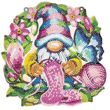 Ideen mit Herz Diamond-Painting-Fensterbild | doppelseitiger Druck | ca. 20 cm Ø | inkl. Diamond-Painting-Steine für Vorder- und Rückseite (Strickender Wichtel)