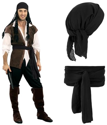 DAMILY Piratenkostüm für Männer und Frauen Piraten Kopftuch Hut Zubehör Piraten Schärpe Gürtel Bandana Taillengürtel (Schwarz)