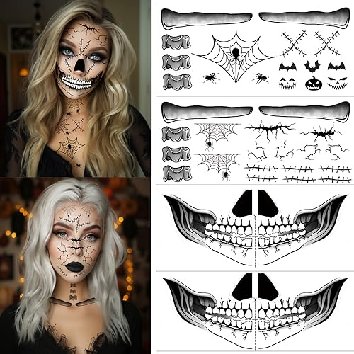 Halloween Face Tattoo Stickers Mouth, Halloween Tattoos Totenkopf Skull zum Aufkleben für das Gesicht, Clown Tattoo Costume Accessories, Cosplay Makeup Halloween Party Favors (C)