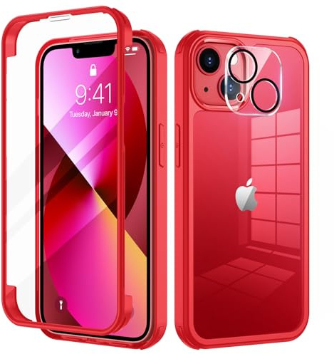 seacosmo Cover per iPhone 13, Vetro Temperato 9H Integrato per Schermo, Pellicola HD per Protezione Fotocamera, Custodia Rugged 360 Gradi Antiurto, Fronte e Retro Doppia Faccia Case, Rosso