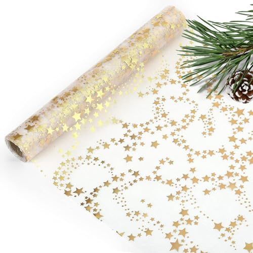 Tischläufer Weihnachten,Gold Sterne edle Tischläufer Tischband Glänzend Organza Tischdeko für Weihnachten Silvester Adventszeit Festliche,Ramadan,Hochzeiten Dekoration, Doppelseitig,28cmx 5m
