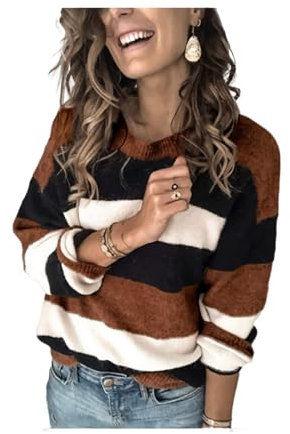 HEYPORK Damen Herbst Winter Warm Bequem Pullover Casual Mode Strickjacke Strickpullover Frauen Pullover Gestreiften Strickpullover Bottoming Shirt(E Khaki, L)