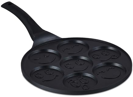 Relaxdays Pancake Pan with Funny Faces, 7 Wells, Ø 8 cm Each, Induction-Suitable, Aluminium, Breakfast Station, Black, Steel, 25 x 17 x 22 cm