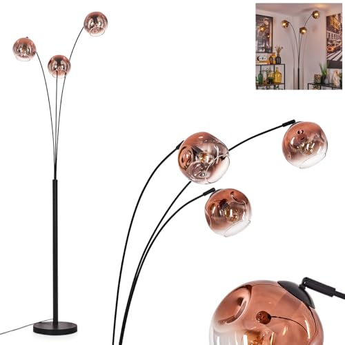 Stehleuchte Ripoll, Stehlampe aus Metall/Glas in Schwarz/Kupfer/Klar, Leuchte im Retro/Vintage-Design mit Schirmen aus Glas (Ø 15 cm) u. Fußschalter, Höhe 210 cm, 3 x E14, ohne Leuchtmittel