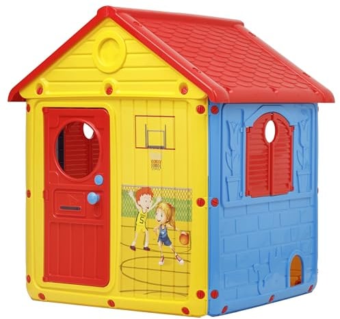 Baroni Toys Casetta da Giardino per Bambini, Casina in Plastica con Porte e Finestre Apribili, Dettagli Curati, adatta a Bambini dai 2 anni in su, 122x104x110 cm, Gialla, Rossa e Blu