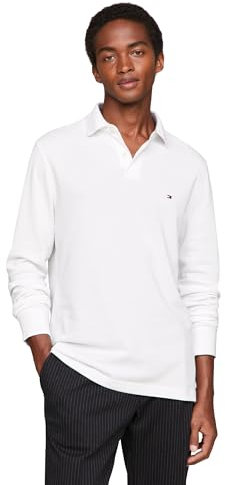 Tommy Hilfiger Men's Long Sleeve Polo Shirts in Regular Fit with Stretch and Organic Pique Cotton, White, XXL