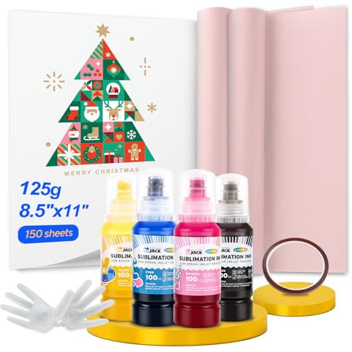 Printers Jack Tinta de sublimación y papel de sublimación de 150 hojas de 8.5 x 11 pulgadas, 120 g, paquete de 2 hojas de teflón, cinta térmica compatible con impresoras de inyección de tinta ET-2800