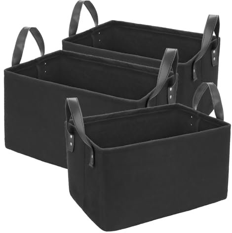DAKFOOK 3 Pcs Felt Fabric Black Storage Baskets, Foldable Felt Storage Box with Two Handles, Laundry Storage Basket Organizer for Clothing, Magazine, Newspaper