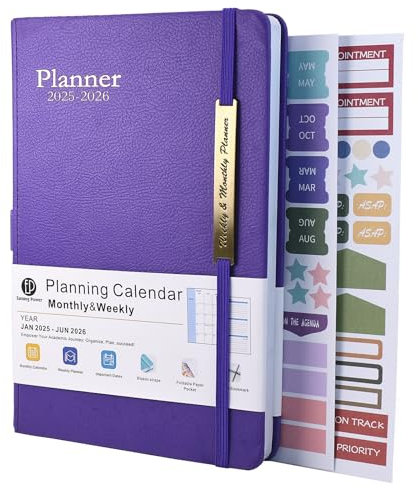 Kalender mit Ledereinband, A5, Wochenansicht, 18-Monatsplaner von Januar 2025 bis Mitte Juni 2026, wöchentlich und monatlich, Violett