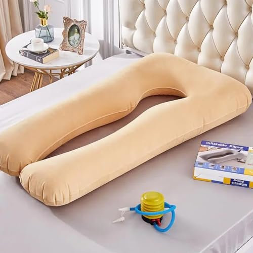 LWODANU Oreiller de grossesse gonflable en forme de U pour femme enceinte - Pour dormeur latéral - Camel