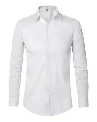 AORHOFJ 1 camisa blanca, camisa de negocios para hombre, camisa casual stretch, camisa de traje lisa de manga larga, camisa de boda regular fit sin planchar (2XL)