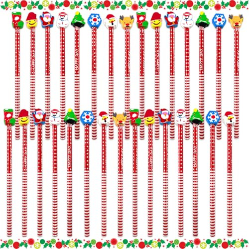 TOPJOWGA Weihnachten Bleistift mit Radiergummi, 30 Stück Weihnachten Bleistifte+30 Weihnachten Radiergummis, HB Stifte Set, Bleistifte Kinder Stifte, Weihnachten Geschenk Kinder Mitgebsel