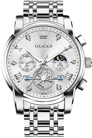OLEVS Silber Uhren Herren Edelstahlarmband Quarz Metall Armbanduhr Herren Wasserdicht Leuchtend Moderne Mondphase Herrenuhr Chronograph Elegante Weiß Großes Zifferblatt Geschenke Uhren für Männer