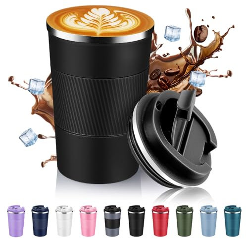 Volhoply Tasse à café de voyage isotherme en acier inoxydable de 390 ml avec couvercle à rabat, tasse à café réutilisable à double paroi sous vide en métal, portable pour boissons chaudes et froides